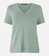 Blusa básica de manga corta y escote en V, color verde lima pálido.