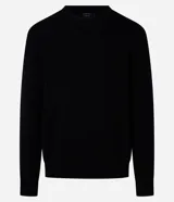 Suéter negro de punto con cuello redondo y mangas largas. Diseño con líneas horizontales en relieve.