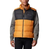 Chaleco acolchado Columbia con tecnología Omni-Heat termorreflectante. Presenta un diseño bicolor en bloques de color naranja y negro, con cierre frontal completo, cuello alto y bolsillos laterales con cremallera.