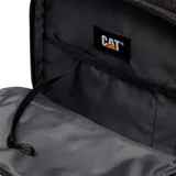 Mochila Caterpillar modelo Bernard Backpack, color negro con patrón geométrico, múltiples compartimentos con cierre, bolsillos laterales de red y mini bolsa desmontable en un lateral.