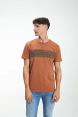 Remera color ladrillo con cuello redondo y manga corta. Presenta un bloque horizontal en el pecho con rayas horizontales en tonos marrón y gris.