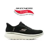 Championes deportivos Skechers Slip-ins Go Walk Arch Fit N-Joy Ria, modelo sin cordones con capellada de punto brillante en color negro y suela blanca con amortiguación Arch Fit.