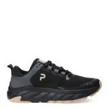 Championes deportivos de mujer con diseño de malla técnica en color negro, cordones al tono y suela robusta con relieve en color beige.