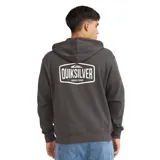 Campera con capucha y cierre frontal de Quiksilver, modelo Surf Garage, color gris plomo. Cuenta con bolsillos tipo canguro, cordones ajustables en la capucha y un parche con el logo de la marca en el pecho.