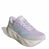 Championes Adidas Galaxy 8 W para mujer, de color lila con detalles en verde lima y gris claro, confeccionados en malla transpirable con suela gruesa amortiguada.