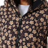 Campera puffer corta con capucha, color negro con estampado de flores color beige.