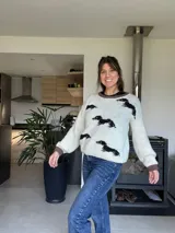 Sweater tejido color crema con cuello y puños acanalados en color naranja. Presenta un diseño bordado de un perro salchicha negro con un moño naranja.