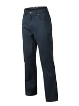Pantalón de gabardina de corte recto y tiro medio, con diseño clásico de cinco bolsillos, cierre de botón y cremallera.