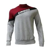 Buzo de cuello alto Umbro con diseño de bloques de color en gris, bordó y negro. Presenta el logo de la marca estampado en blanco sobre una franja diagonal negra y puños elastizados.