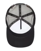 Gorra trucker Goorin Bros con visera curva negra, panel frontal blanco y red trasera negra. Cuenta con un parche bordado de un león en el frente y cierre ajustable snapback.