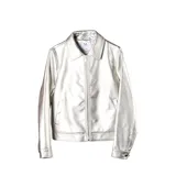 Campera de cuero sintético metalizado en color plateado, con cuello clásico, cierre frontal completo y diseño de corte recto.