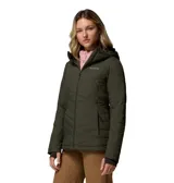 Campera acolchada de mujer marca Columbia, color verde oliva, con capucha, cierre frontal completo, bolsillos laterales con cierre y puños con orificios para los pulgares.