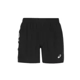 Short deportivo Asics negro con logo de la marca en blanco y estampado de sílabas japonesas en el lateral.