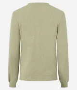 Cardigan de punto color verde claro, de manga larga y corte regular, con escote redondo y cierre frontal de botones.