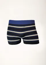 Boxer de microfibra sin costuras con diseño a rayas horizontales en azul, blanco y negro.