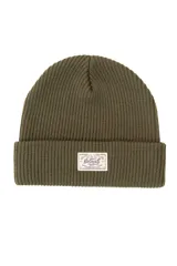 Gorro de lana verde oliva tejido en acrílico con etiqueta bordada con el logo de la marca.