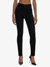 Pantalón de jean Diesel modelo Slandy-High, de corte skinny, tiro alto y calce ajustado hasta el tobillo. Confeccionado en denim superelástico color negro.
