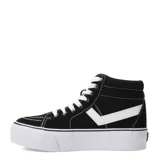 Championes de caña alta Pony con plataforma, color negro con detalles en blanco. Presentan cordones blancos, costuras visibles y suela de goma blanca con textura.