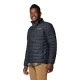 Campera puffer negra de hombre con cierre frontal completo, cuello alto y bolsillos laterales con cierre. Presenta tecnología de aislamiento térmico y tejido resistente al agua con logo de la marca estampado en el pecho.