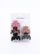 Set de seis pinzas para el pelo tipo clip, en colores rosa, blanco, marrón, beige, negro y gris.