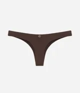 Bombacha de bikini básica de microfibra color marrón, con diseño cómodo y versátil, destacada por un sutil bordado localizado en contraste en el borde superior.