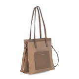 Cartera tipo tote de estructura vertical, color negro, con doble asa larga para llevar al hombro y correa desmontable y regulable. Cuenta con bolsillo frontal exterior de fácil acceso y detalles de costuras visibles.
