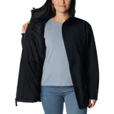Campera impermeable Columbia modelo Blossom Park, color negro, con tecnología Omni-Tech, capucha integrada, cierre frontal completo y cintura ajustable con cordón.