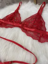 Conjunto de lencería de cuatro piezas en color rojo, confeccionado en encaje. Incluye bralette, tanga, portaligas y ligas regulables con enganches desmontables.
