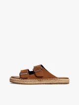 Sandalias Tommy Hilfiger marrones de ante, con doble tira y hebillas plateadas. Suela plana con borde de yute.