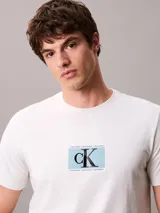 Remera de algodón de corte regular, color beige, con cuello redondo y estampa frontal con el monograma de Calvin Klein sobre un recuadro celeste.