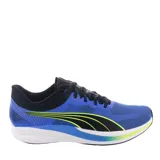 Championes deportivos Puma modelo Redeem Profoam, con parte superior de malla transpirable en color azul, detalles en negro y acentos en amarillo neón. Incorporan tecnología Profoam para una amortiguación superior y suela de goma para mayor tracción.