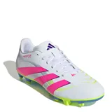 Championes de fútbol Adidas Predator Club con suela FG/MG para césped natural y sintético. Presentan un diseño en color blanco con detalles en fucsia, amarillo neón y violeta, con la marca Predator estampada en el lateral.