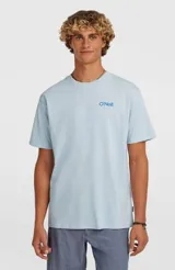 Remera O'Neill de manga corta y cuello redondo, color celeste, con pequeño estampado gráfico de la marca en el pecho.
