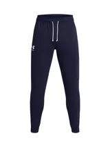 Pantalón de jogging Under Armour modelo Rival Terry, color azul marino. Presenta un diseño de corte ajustado en las piernas con puños acanalados, cintura elástica con cordón ajustable y bolsillos laterales. Incluye el logo de la marca estampado en la pierna derecha.