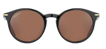 Lentes de sol Serengeti modelo Leonora con armazón de acetato negro de forma redondeada y cristales polarizados en tono marrón.