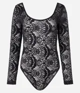 Body de encaje floral negro con escote redondo y mangas largas.