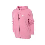 Campera Nike Sportswear Essential de mujer, con cierre frontal completo, capucha con cordón ajustable y bolsillos tipo canguro. Presenta el logo de la marca bordado en el pecho y puños acanalados.