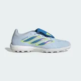 Championes de fútbol Adidas Predator League para pasto sintético, color celeste con detalles en azul y amarillo. Presentan lengüeta plegable, tecnología Powerspine para mayor estabilidad y malla Nanostrike para un ajuste preciso.