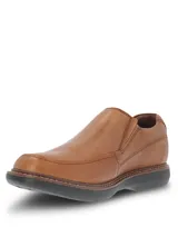 Zapato tipo mocasín de cuero color marrón, con diseño de costuras visibles y suela de goma EVA flexible en color negro.