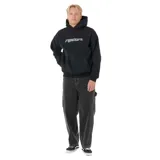 Canguro negro con capucha y cordones ajustables, bolsillo canguro frontal y logo de Rip Curl en blanco en el pecho.