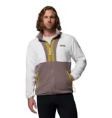 Campera de forro polar Columbia Backbowl II Light FZ, con diseño colorblock en tonos blanco, marrón y detalles en verde oliva. Cuenta con cuello alto, cierre frontal completo y bolsillos laterales con cierre.