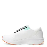 Championes deportivos Umbro modelo Marathon, de color blanco con detalles en negro, naranja y turquesa. Presentan un diseño de malla transpirable, cordones negros y suela de goma naranja.