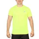 Remera deportiva amarilla fluorescente de poliéster, corte clásico y mangas cortas.