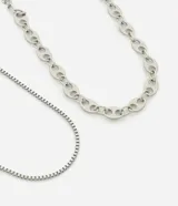 Kit de dos collares plateados. Un collar tiene eslabones ovalados y planos, y el otro es una cadena fina tipo veneciana. Ambos son de metal con acabado liso y cierre ajustable.
