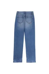 Jeans de tiro alto con corte recto, diseño clásico de cinco bolsillos, cierre frontal con cremallera y botón metálico.