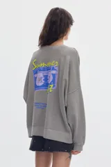 Buzo de felpa sin frisa color terracota con efecto washed, cuello redondo y fit relajado. Presenta un pequeño estampado azul en el pecho.
