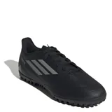 Championes de fútbol 5 Adidas modelo III TF, color negro con las tres tiras características en gris. Presentan suela con tapones pequeños ideales para césped sintético y cierre con cordones.