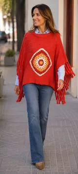 Poncho rojo de tejido artesanal con aplique central de crochet en forma de mandala con tonos amarillos, blancos y rojos. Presenta terminación con flecos en los laterales y diseño holgado.