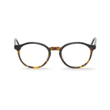 Anteojos de acetato con forma redonda, con marco superior negro y marco inferior con estampado carey.