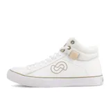 Zapatillas de caña media John Foos de ecocuero blanco y lona color crema, con isologo bordado en beige, cuello acolchado, cordones blancos y suela beige con contrafuerte de caucho recuperado.